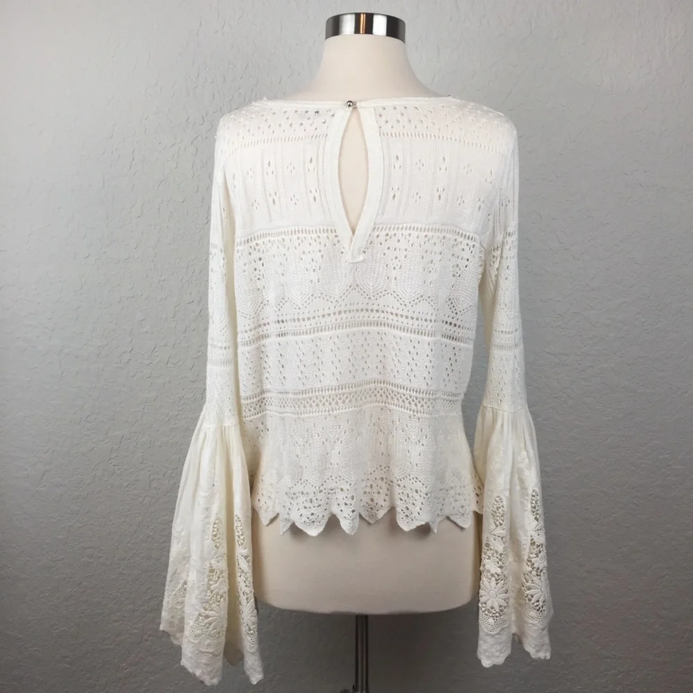 Free People Once Upon a Time Cream Crochet Lace Bell Sleeve Blouse